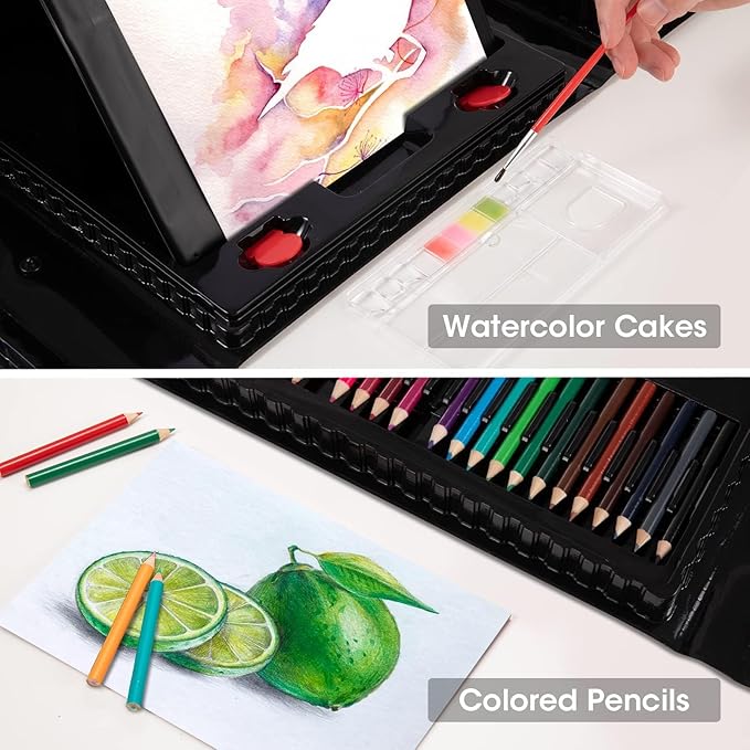 VigorFun Art Supplies, 240-Piece Art Set Crafts Drawing Kits with Double Sided Trifold Easel, Sketch Pads, Crayons, Colored Pencils, Gifts for Kids Girls Boys Teen Ages 4-6-8-9-12 (Black)