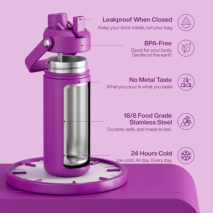 ENCOOL Insulated Water Bottle with Straw Stainless Steel Water Bottle, Leak-Proof, BPA-Free, Double Wall Vacuum Keeps Cold for 24 Hours for Sports, Travel, School (18 oz, Bright Magenta)