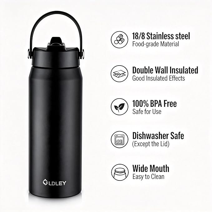 Oldley 24oz Insulated Water Bottle with Straw, Stainless Steel Water Bottle for Sports, Travel, School, BPA-Free Sports Bottles for Adult Kids, Leak-Proof, Black