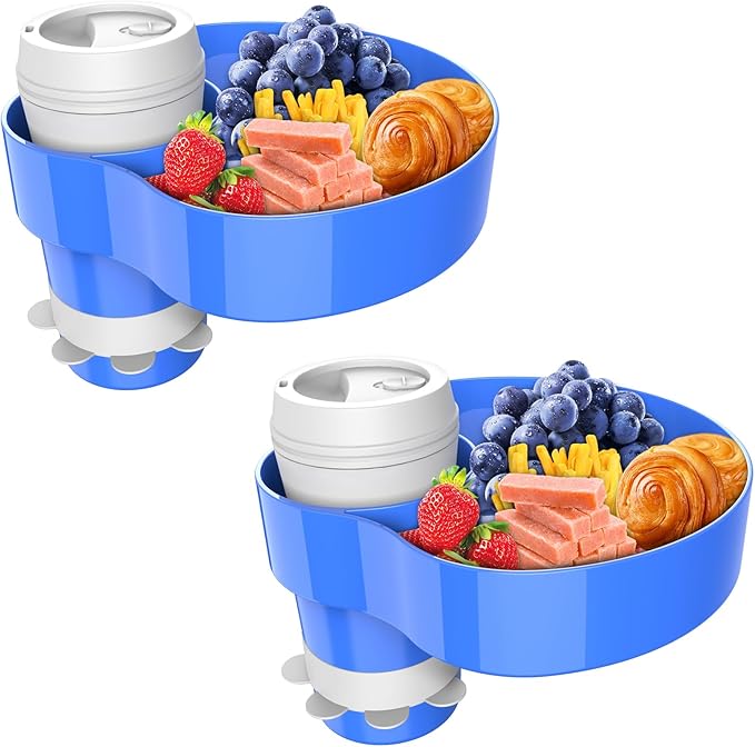 [2 Packs] Kids Car Seat Tray, Travel Tray with Cup Holder for Toddler, Kids Car Seat Food Snack Tray for Road Trip, Stroller snack tray travel must haves - Blue Color