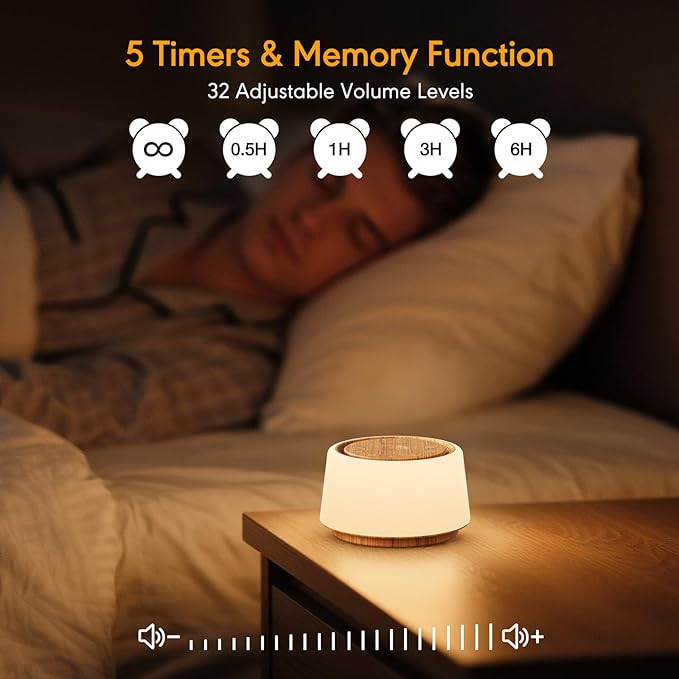 White Noise Machine with Night Light, 30 Soothing Sounds Portable Sound Machine for Baby and Adults, 10 Color Night Light, 5 Timer Options, Memory Function,Compact for Travel (Wood Grain)