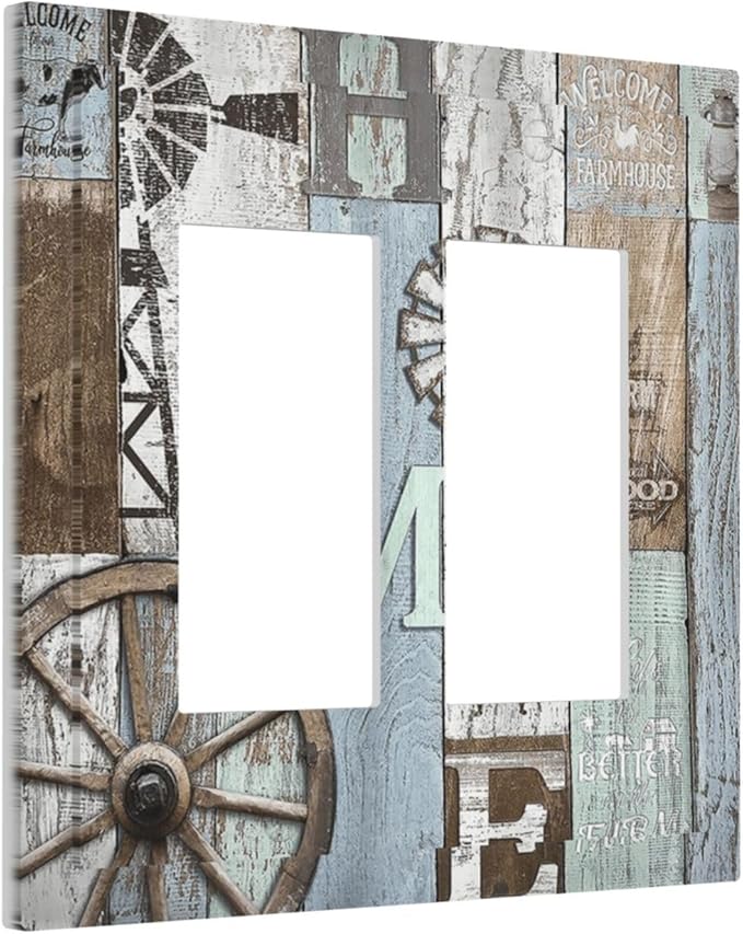 Rustic Western Barn Door Vintage Windmill Decorative Outlet Covers 2 Gang Double GFCI Rocker Electrical Wall Panels Light Switch Cover Plate for Farmhouse Home Decor