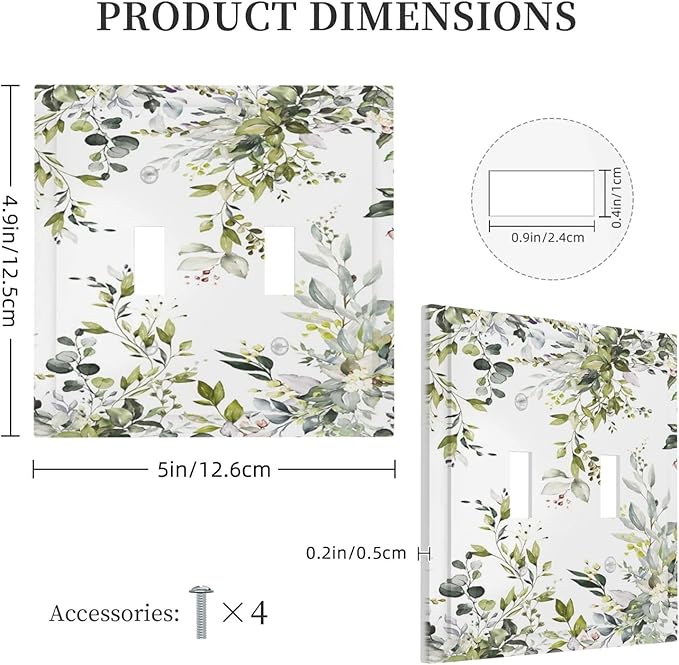 Eucalyptus Sage Green Leaf Plant Floral Decorative Switch Plates 2 Gang Double Toggle Outlet Light Switch Cover Wall Plate Electrical Faceplate for Bedroom Living Room Decor