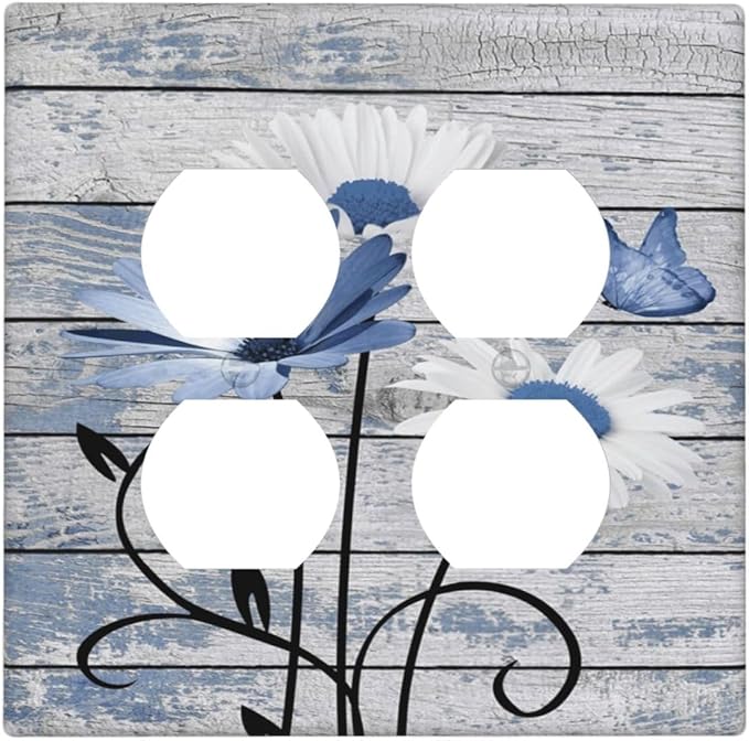 Blue White Daisy Flower Butterfly Rustic Wood Board Outlet Covers 2 Gang Double Duplex Decorative Light Switch Covers Electrical Wallplates Socket Faceplate for Farmhouse Bedroom Decor