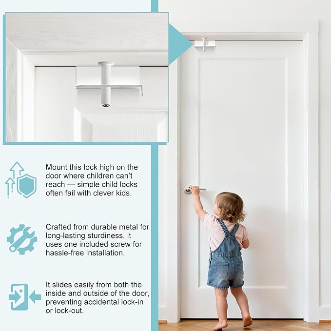 Child Safety Door Top Lock, Adjustable Metal Child Proof Door Top Locks for Interior&Exterior&French Doors, Lock & Unlock from Both Sides for Stop Kids Pets, Fit 0.6-2 inch Thick Doors (2Pack White)