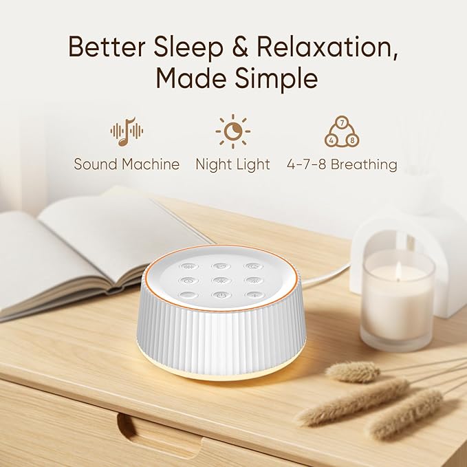 Noise Machine, White Noise Sound Machine for Baby & Adults, 26 Soothing Sounds, 8 Night Light Colors, Tap Control, 6 Timer Settings, Auto-Off & Memory, 4-7-8 Breathing, Sleep Soother for Home