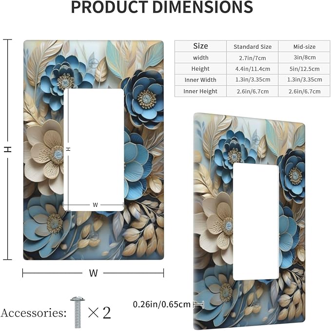Decorative Art Light Switch Covers Blue and Creamy Floral 1 Gang Rocker Outlet Wall Plate Switchplate Electrical Faceplate for Home Decor