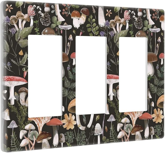 Black Boho Moth Botanic Mushroom Triple Decorator Light Switch Cover 3 Gang GFCI/Rocker Wallplate Decorative Electrical Faceplate Switchplate Dimmer Screwless