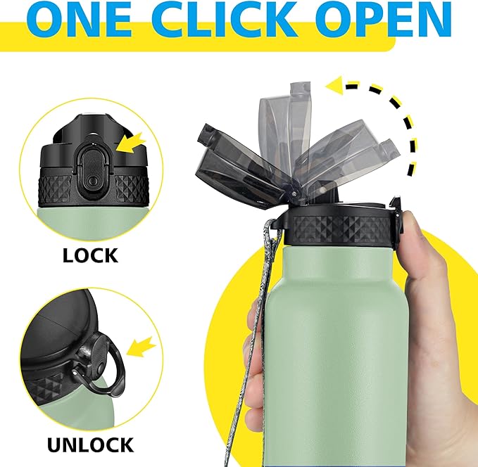 Han's Bottle Sports Water Bottle - 32 Oz, Straw Lid, Leak Proof, Vacuum Insulated Stainless Steel, Double Walled, Thermo Mug,Pine Green
