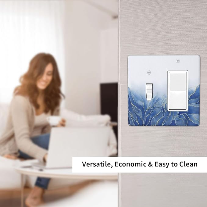 Outlet Covers Blue Gold Leaf Marble Modern Abstract 2 Gang Combo Light Switch Cover Plate Toggle Rocker Wallplates Decorative Switch Plates and Outlet Covers for Kitchen Bathroom Decor