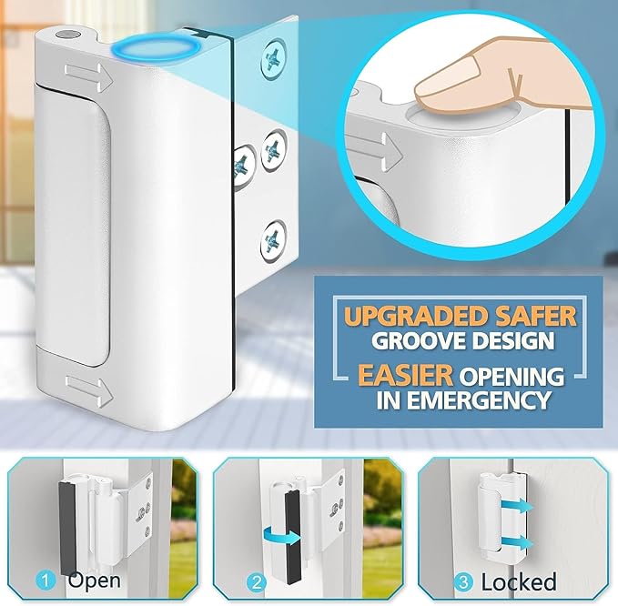 Home Security Door Reinforcement Lock - Safety Child Proof Door Locks With 8 Screws for Inward Swinging Front Doors, Extra Add a Kids Lock Inside Withstands 800 lbs Deadbolt Latch Guard Bedroom, White