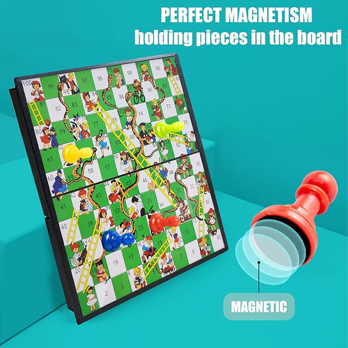 KIDAMI Magnetic Snakes and Ladders Board Game Set for Kids and Adults, 7. 64 & 9.75 Inches
