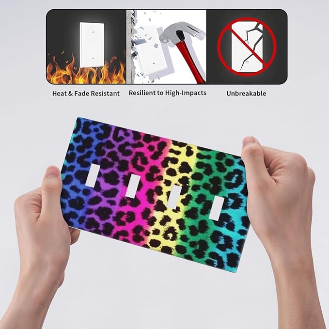 Rainbow Colorful Leopard 4 Gang Light Switch Cover Decorative Quad Toggle Wall Plate Decorative Electrical Faceplate For Girls Boys Home Bedroom Decorate Large Size 8" x 4.5