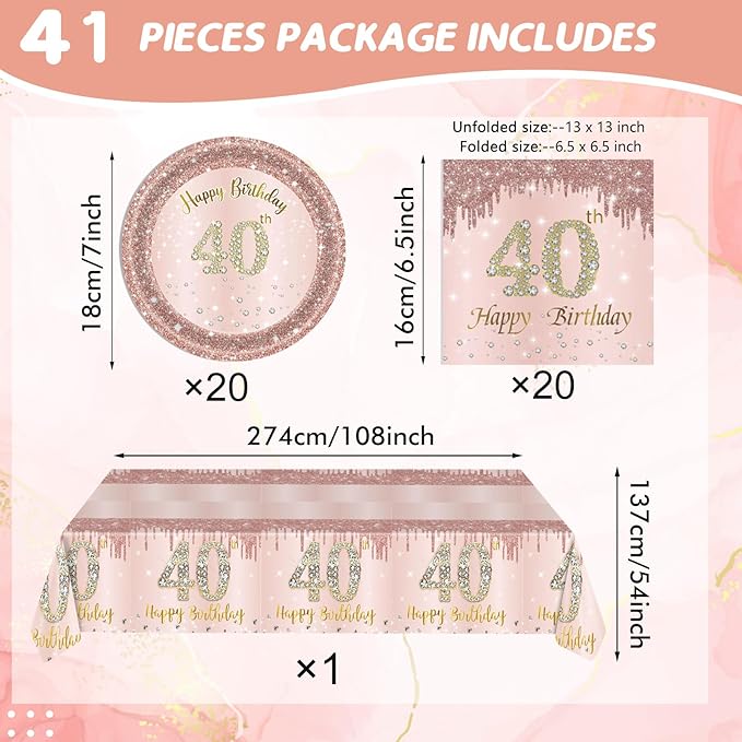 Ryzovo 41Pcs 40th Birthday Decorations, Rose Gold Birthday Party Supplies Include 20Pcs Plates 20Pcs Napkins and 1Piece Tablecloth, Sweet Forty Year Old Birth Party Tableware for Girl Ladies Women