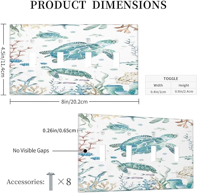 Sea Turtle Ocean Starfish Fish Coral Pearl Light Switch Covers Quad Toggle Electrical Faceplate 4 Gang Wall Plate Decorative Switch Plates for Bathroom Kids Room Decor