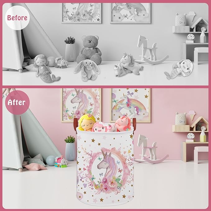 Unicorn Baby Girl Laundry Hamper, Unicorn Room Decor Kids Basket,Rainbow Toddler Storage Toy Box,Cute Clothes Book Toy Bin for Bedroom Bathroom (Pink)