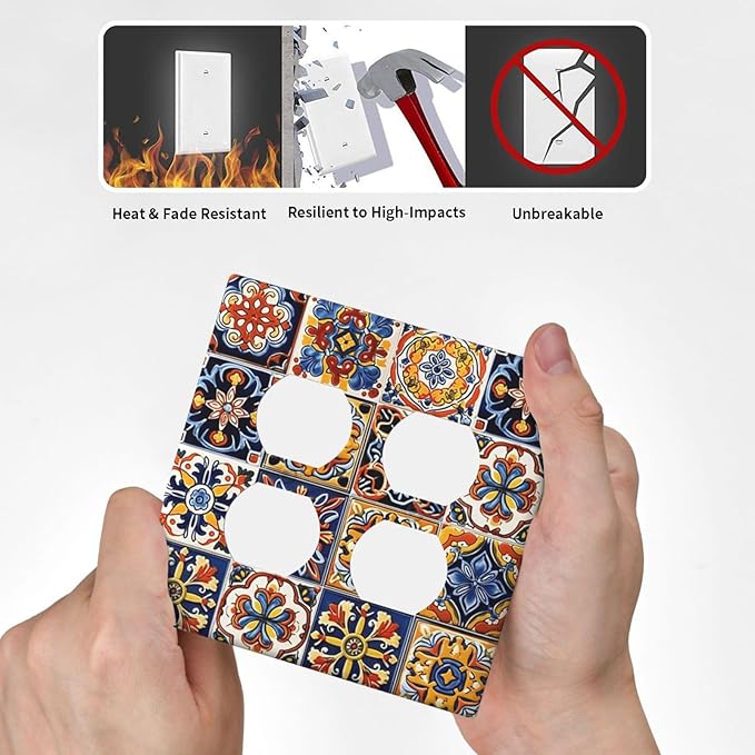 Mexican Talavera Tiles Flower Vintage Outlet Covers 2 Gang Double Duplex Decorative Light Switch Covers Electrical Wallplates Socket Faceplate for Kitchen Bathroom Decor