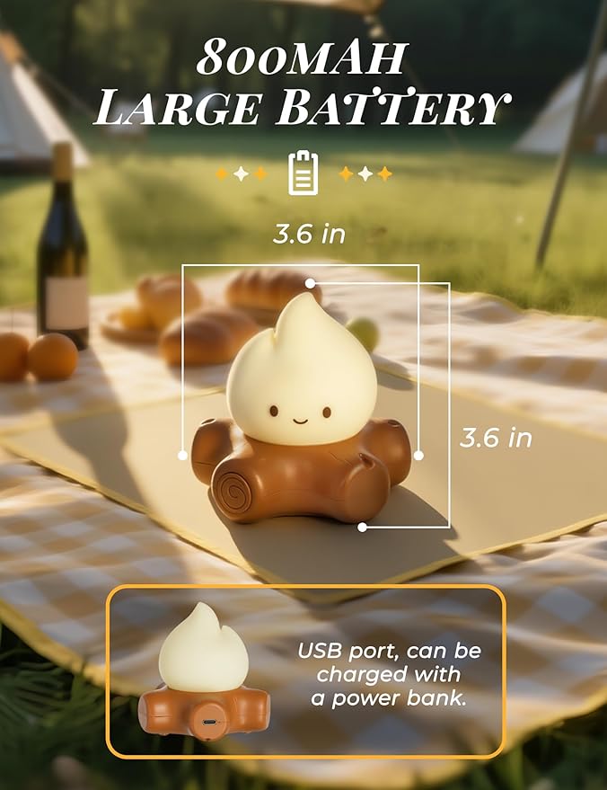 Chibi Campfire Night Light, Silicone, LED Flickering Flame Lights, Dimmable, Rechargeable Bedside Nightlight, Anime Kawaii Lamp Décor