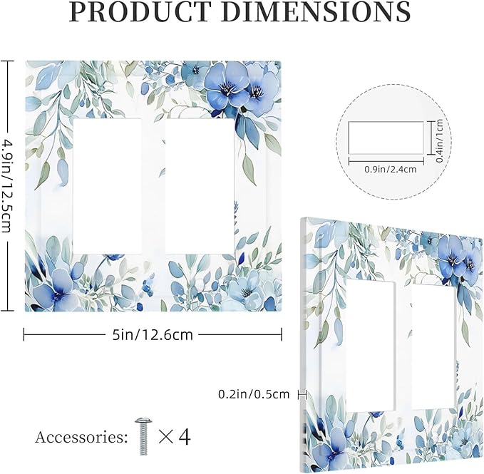 Watercolor Blue Flower Plant Floral Green Leaves Decorative Outlet Covers 2 Gang Double GFCI Rocker Electrical Wall Panels Light Switch Cover Plate for Bedroom Living Room Decor