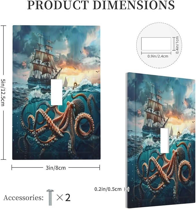 Light Switch Cover Plate Sailboat Ship Octopus Ocean Sea Waves 1 Gang Single Toggle Decorative Switch Plates Wall Plates Electrical Faceplate for Bathroom Bedroom Decor