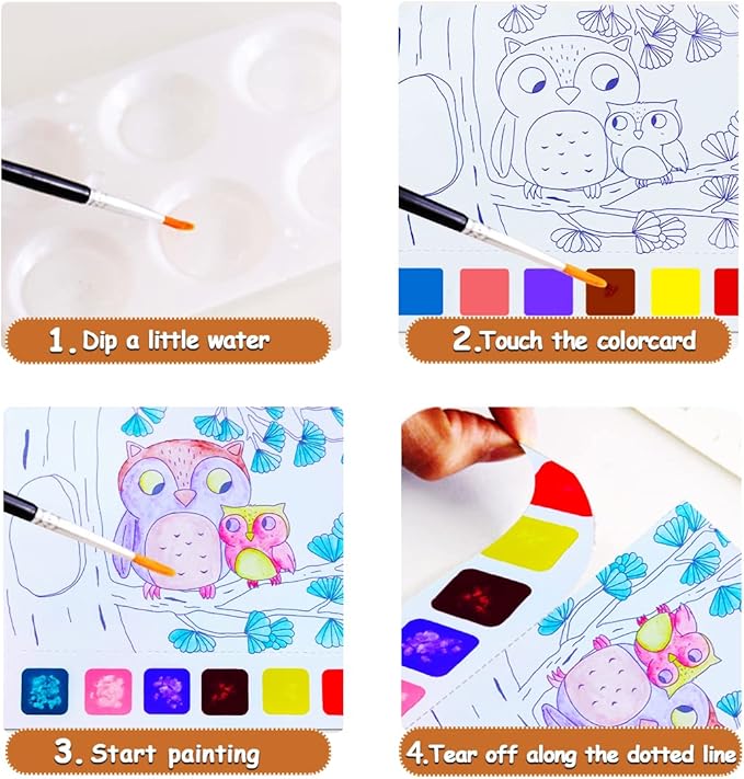 JUNQIU Watercolor Coloring Books for Kids Ages 4-8, Pocket Watercolor Painting Book for Toddlers, Arts and Crafts for Girls Gifts, Stocking Stuffers For Kids