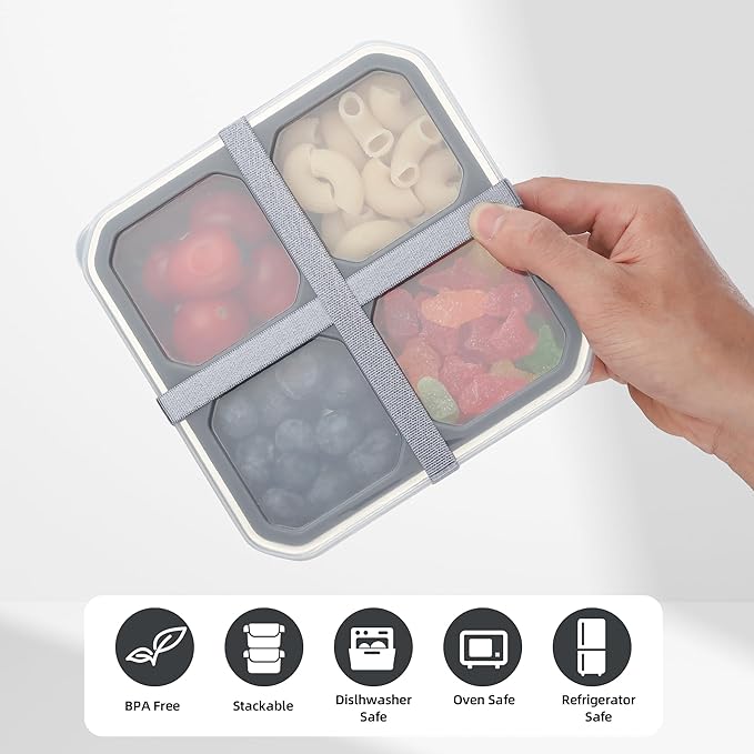 BEFOY 4 Pack Stainless Steel Snack Containers with Lids 4 Compartment Food Storage Containers for Adults & Kids Meal Prep Containers Reusablele (Gray, 4)