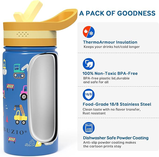 BUZIO 14 oz Kids Water Bottle with Straw Lid, Vacuum Insulated Stainless Steel Metal Thermo Bottles for Toddlers Girls Boys Leak Proof BPA-Free & Lead-Free Flask for School, Blue Construction Car