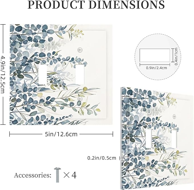 Decorative Switch Plate Cover with Green & Blue Watercolor Eucalyptus Botanical Foliage Design 2 Gang Wall Plate Unique Double Toggle Double Light Switch Covers for Contemporary Living Room