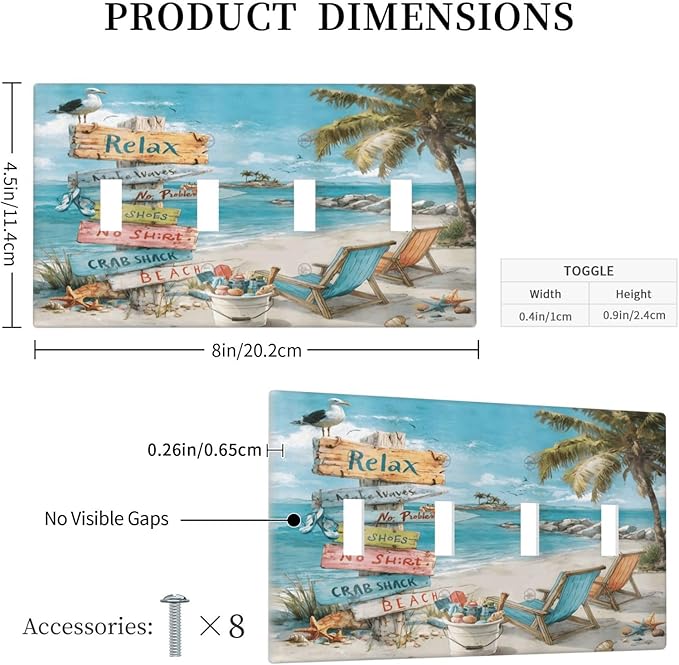 Ocean Beach Tropical Palm Tree Coastal Seaside Light Switch Covers Quad Toggle Electrical Faceplate 4 Gang Wall Plate Decorative Switch Plates Cover for Kids Room Living Room Decor