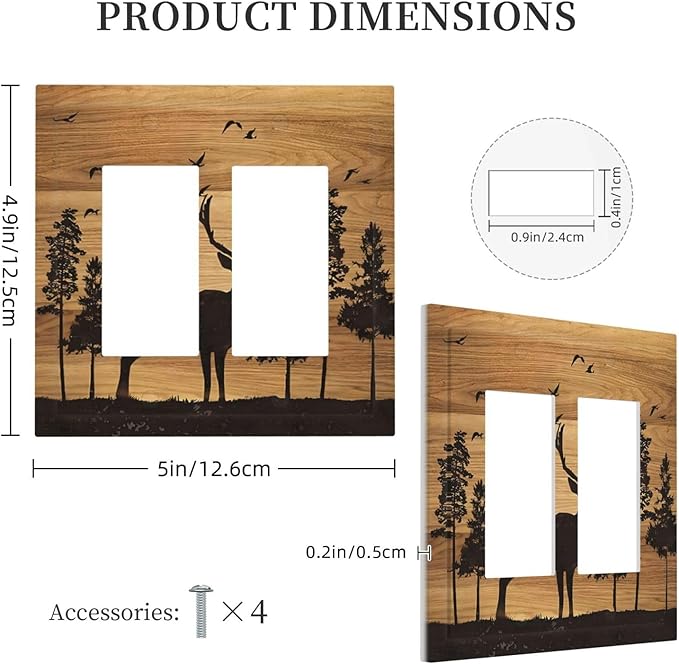 Elk Moose Forest Hunting Pyrography Art Wood Texture Print Decorative Outlet Covers 2 Gang Double GFCI Rocker Electrical Wall Panels Light Switch Cover Plate for Farmhouse Bedroom Decor