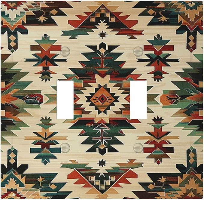 Decorative Switch Plates Southwest Rustic American Indian Aztec Boho 2 Gang Double Toggle Outlet Light Switch Cover Wall Plate Electrical Faceplate for Bed Room living Room Decor