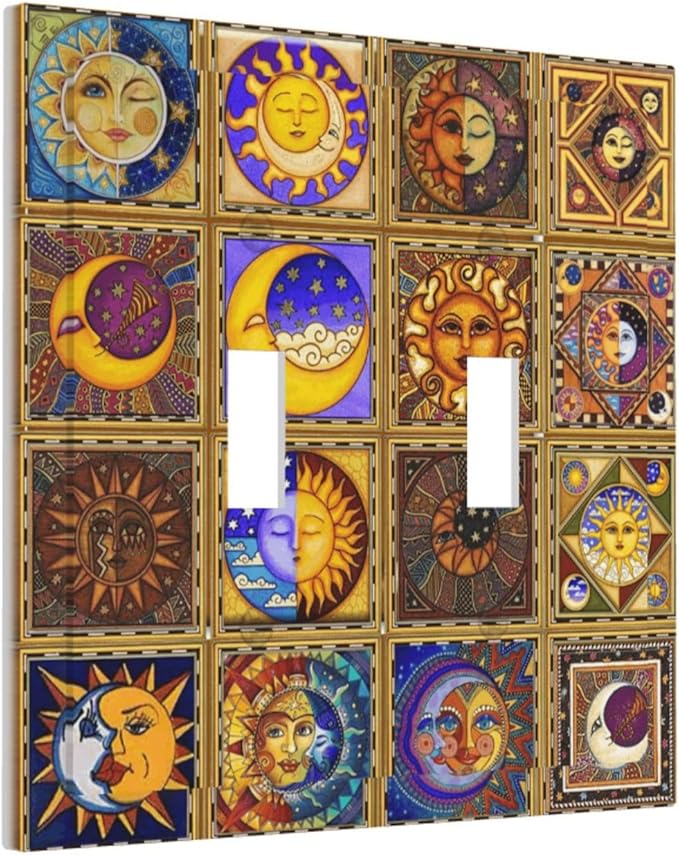 Mexican Talavera Tiles Star Pattern Celestials Theme Print Decorative Switch Plates 2 Gang Double Toggle Outlet Light Switch Cover Wall Plate Electrical Faceplate for Kitchen Home Decor