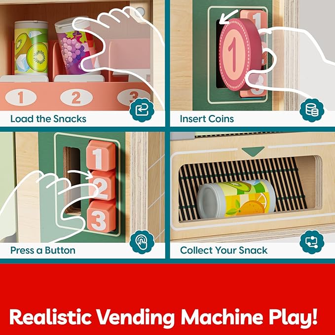 TOP BRIGHT Wooden Vending Machine Play Set, Play Food for Kids，Pretend Play Toys with Wooden Snack Bars and Drink Cans, Montessori Toys for Boys Girls Capybara Gift Age 3+ (Vending Machine)