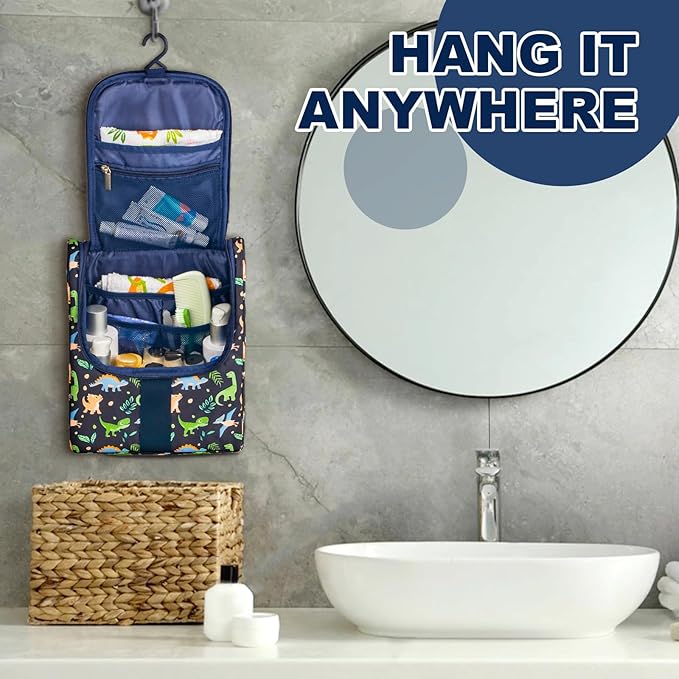 Remobia Hicol Cute Cartoon Hanging Kids Toiletry Bag Children Travel Cosmetic Makeup Organizer Wash Bag Shower bag Over Night Bag Camping Shaving Kit Bag for Boys & Girls (Dinosaurs)