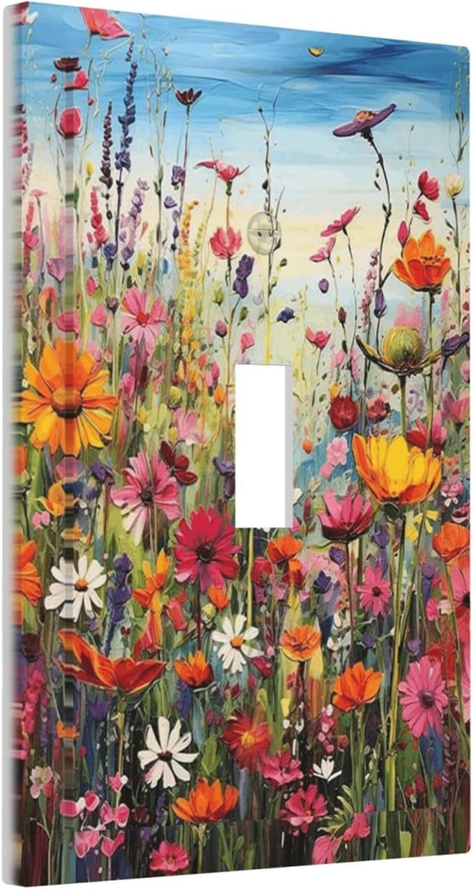 Colorful Wildflowers Painting Floral Flower Decorative Light Switch Cover 1 Gang Single Toggle Device Electrical Faceplate Switchplates Decorator Outlet Wall Plate for Bedroom Living Room Decor