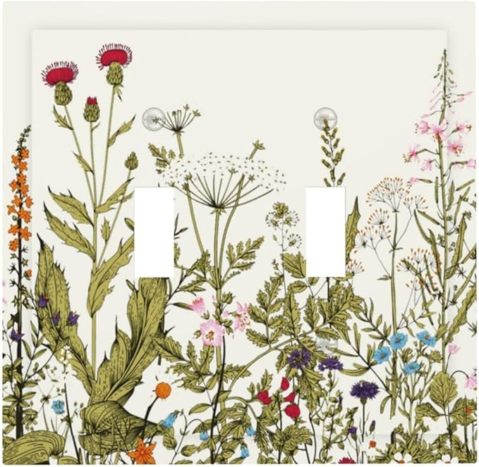 Colorful Boho Vintage Wildflower Rustic Flowers Floral Decorative 2 Gang Light Switch Cover Country Bloom Border Electrical Dual Device Double Toggle Outlet Switch Face Wall Plate Cover for Dimmer