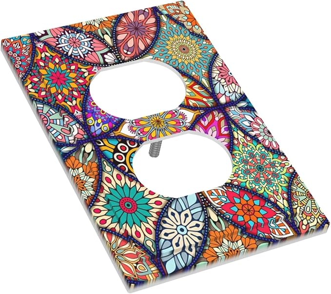 Bohemian Duplex Decorative Outlet Covers Electrical Receptacle 1 Gang Outlet Plate colorful Vintage Floral Mandala Flower Lightswitch Faceplate 5" X 3"
