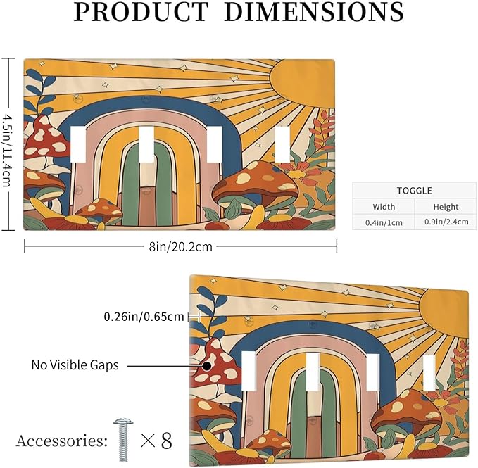 Light Switch Covers Mushroom Hippie Sun Rainbow Vintage Floral Funky Boho Quad Toggle 4 Gang Wall Plate Electrical Faceplate Decorative Switch Plates for Bedroom Kids room Decor