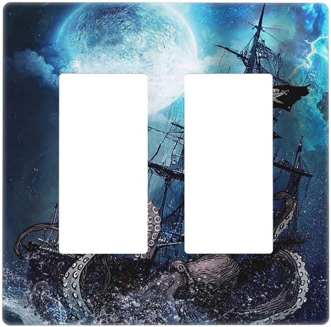 Moon Ocean Nautical Octopus 2 Gang Double Rocker/Decora Light Switch Cover Decorative Outlet Wall Plate Electrical Faceplate Home Family Art Decor Screwless