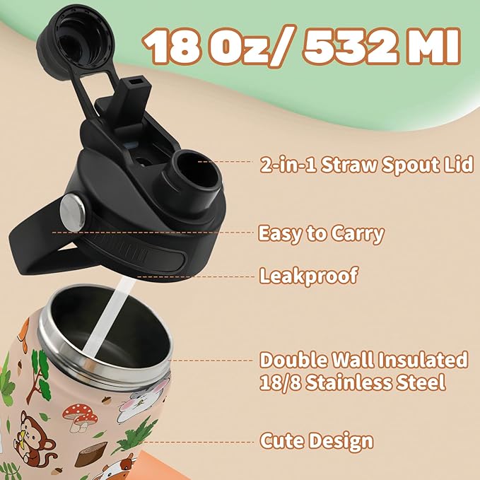 Insulated Water Bottle 18oz, Animal Gifts Water Bottle with 2-in-1 Straw and Spout Lid, Cute Animal Cup Leakproof, Animals Cup Coffee Travel Mug for Animals Lovers, Gift Ideal for Girls Boys