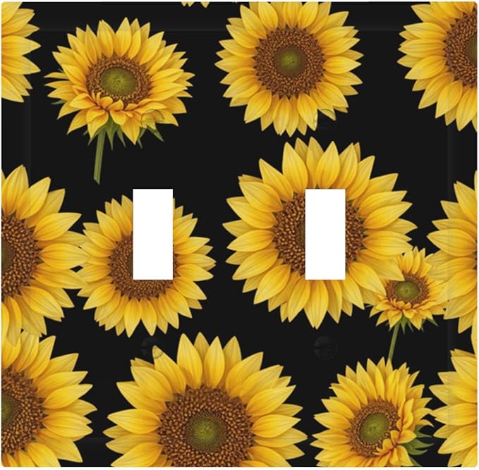 Sunflower Fields Double Toggle Switch Cover - 2-Gang Standard US Size Vibrant Sunflower on Black Light Switch Covers, Boho Sunny Garden for Bedroom Decor