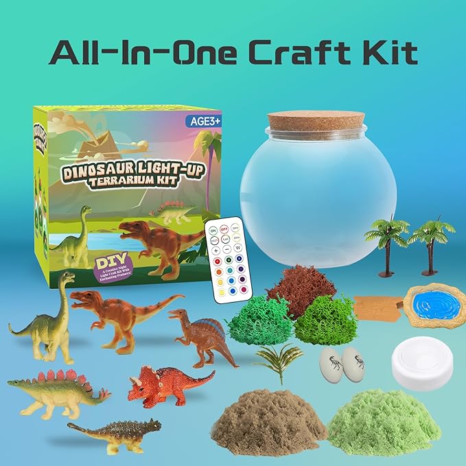 Dinosaur Light-Up Terrarium Kit for Kids- Birthday Gifts for Boys Ages 4 5 6 7 8-12 Year Old- Dinosaur Toys for Boys with Multicolor LED Light & Remote