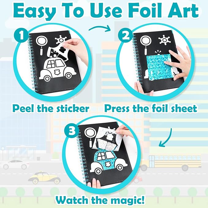 FUNNYB&G Foil Art Crafts for Kids Ages 4-8: Mother's Day 2026, Birthday Gift for Boys, Art and Crafts Supplies, Party Favors, Creative Toys for Boys 4 5 6 7 8 9 Years Old (Vehicle)