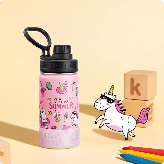12 oz Water Bottle Stainless Steel Double Wall Vacuum Insulated Water Bottle for Girls, Reusable Metal Water Flask BPA Free - Flamingo Pink