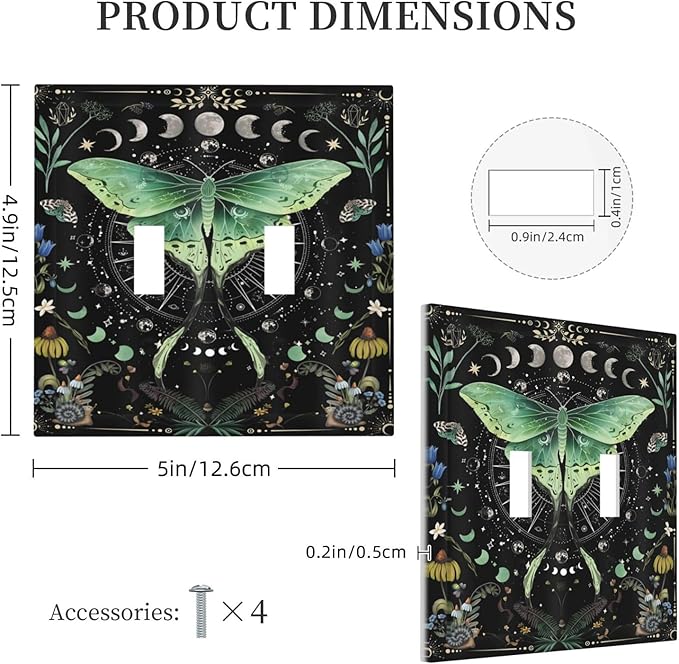 Moon Phase Butterfly Wildflower Plant Mysterious Night Moonlit Decorative Switch Plates 2 Gang Double Toggle Outlet Light Switch Cover Wall Plate Electrical Faceplate for Bedroom Living Room Decor