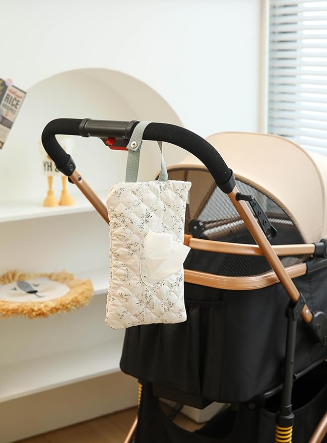 Quilted Baby Wipe Holder Quilted Wipe Pouch Portable Hanging Floral Wet Wipes Bag for Car, Stroller