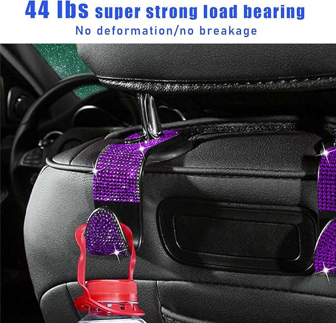 Ohleats 4 PCS Bling Car Seat Headrest Hooks, Crystal Rhinestone Back Seat Hanging Storage Organizer, Vehicle Seat Hanger Holder for Purse Handbag Coat, Interior Car Accessories (Purple)