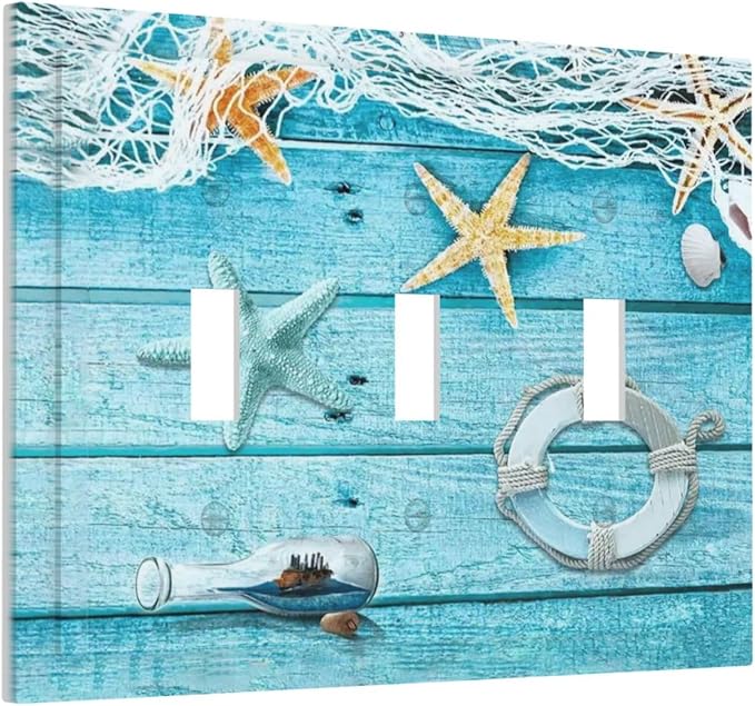 Turquoise Teal Fishing Net Wood Plank 3 Gang Light Switch Plate Decorative Triple Toggle Wall Plate Cover Electrical Faceplate for Bathroom Home Living Room Decorate