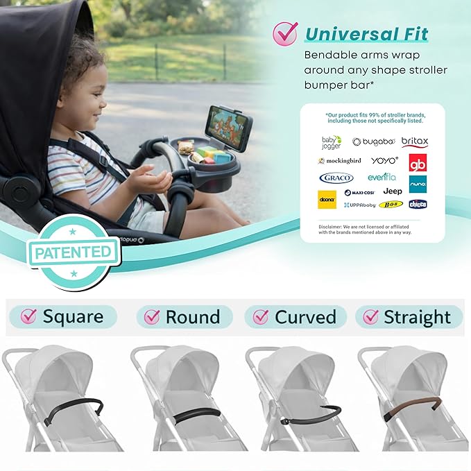 Universal Stroller Snack Tray | Stroller Cup Holder | Silicone Flexible Arms Grip Stroller Bumper Bar Stays in Place Stroller Tray Attachment (2-Pack Snack Tray with Phone Holder Black)