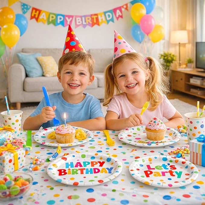 Kinovo 96 Pcs Happy Birthday Paper Plates Tableware Set (Serves 24), Birthday Dots Dots Design Supplies Set Include Plates Napkins Forks for Party